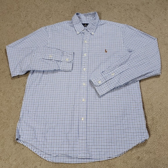 Ralph Lauren Shirt Men Large White Blue Plaid Flesh Pony Classic Fit OCBD - Picture 3 of 8